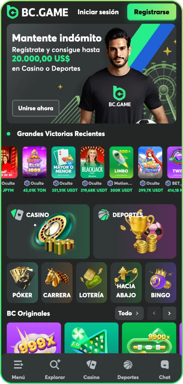 Abre la aplicación y regístrate en BC Game.