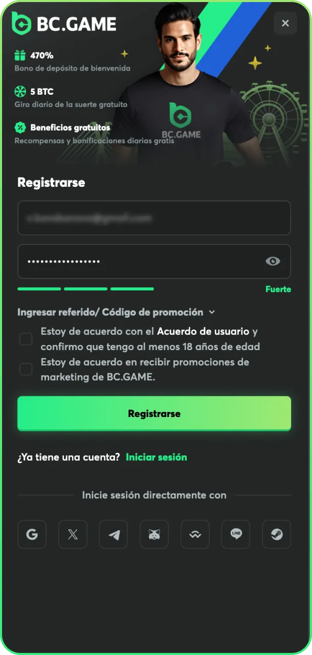 Completa tus datos y juega en BC Game.