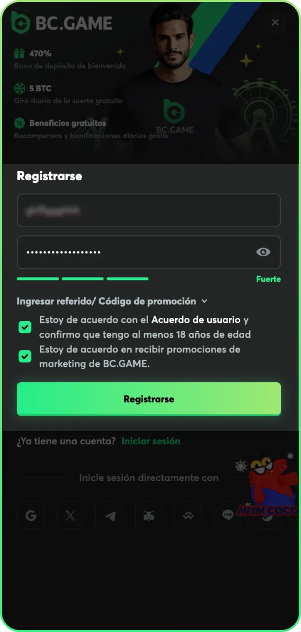 Completa el registro para entrar a BC Game.