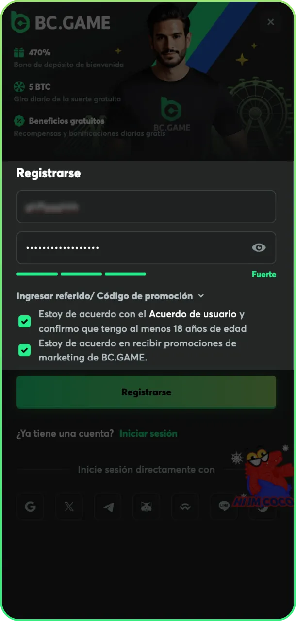 Completa los detalles y entra en BC Game.