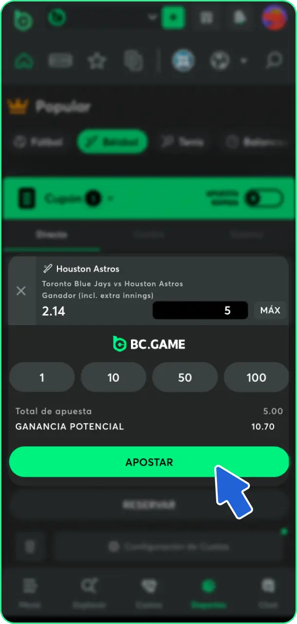 Introduce la cantidad deseada y confirma tu pronóstico al apostar en la app de BC Game.