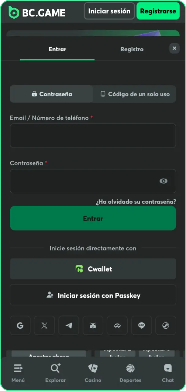 Inicia sesión en tu cuenta para empezar a apostar en la app de BC Game.