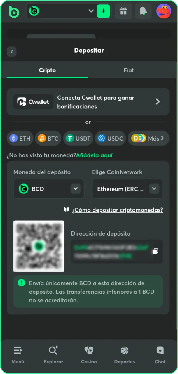 Realiza el depósito mínimo exigido para cargar el bono de BC Game.