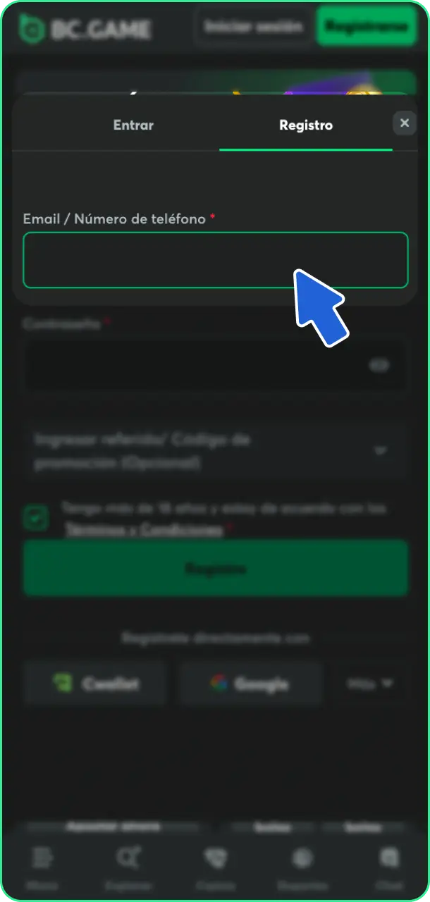 Regístrate en la plataforma oficial para conseguir el bono de BC Game.