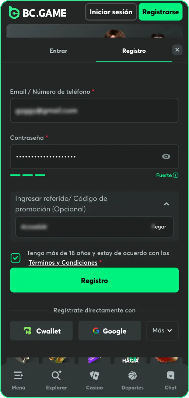 Completa tu registro en el sitio oficial para aprender cómo usar un bono en BC Game.