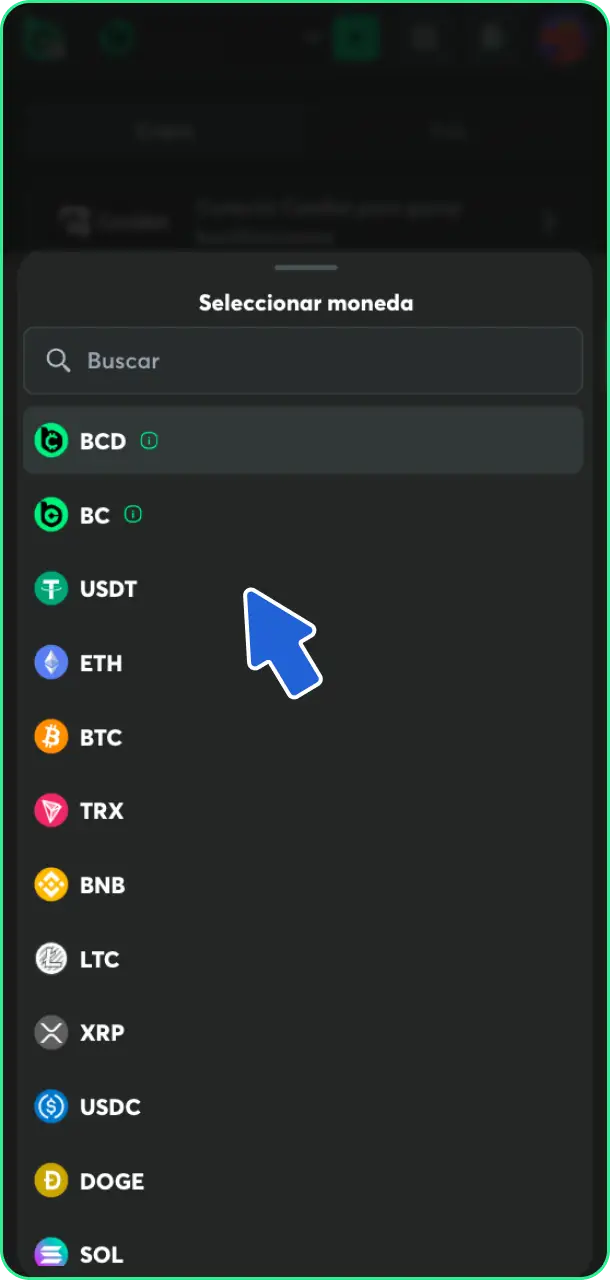 Selecciona tu método preferido y la divisa local según las instrucciones de depósito en BC Game.