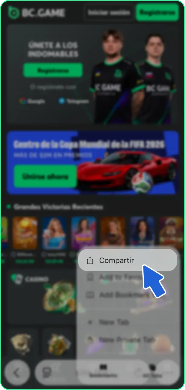 Añade a pantalla de inicio en iPhone la versión móvil para eSports en BC Game.