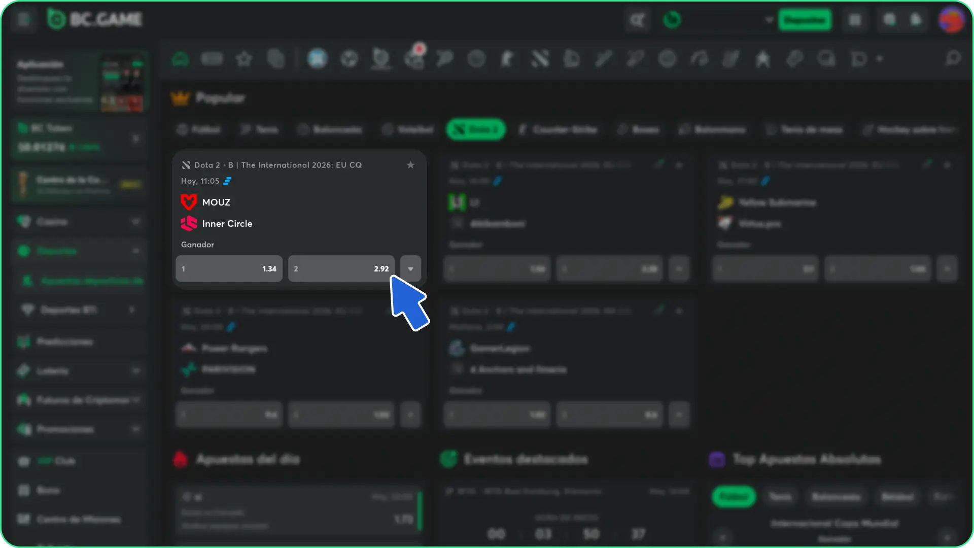 Selecciona el mercado y apuesta con cuotas en tiempo real para aprender cómo empezar a apostar en eSports en BC Game.