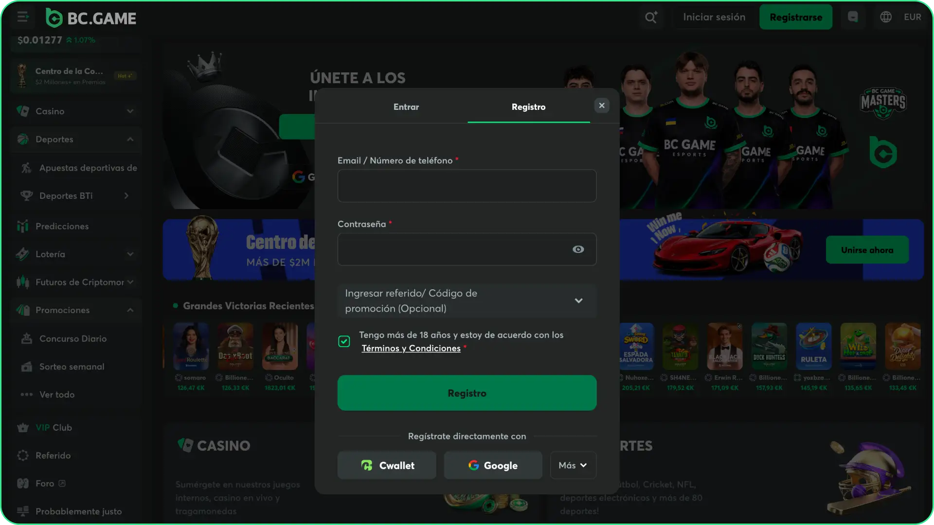 Regístrate gratis en la plataforma oficial para descubrir cómo empezar a apostar en eSports en BC Game.