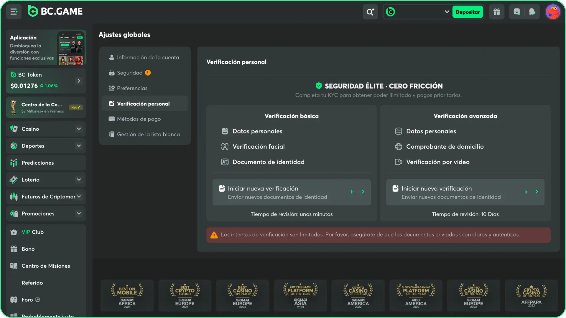 Verifica datos básicos de tu perfil de usuario antes de ver cómo empezar a apostar en eSports en BC Game.