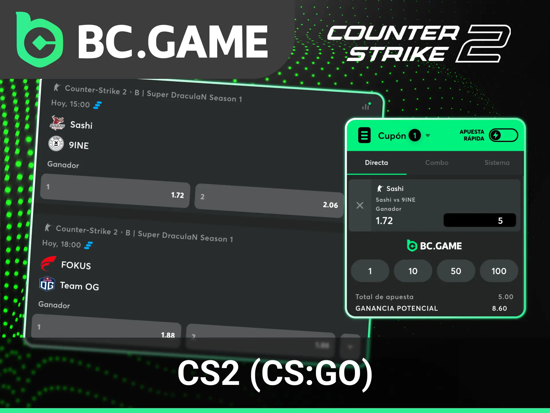 Encuentra las mejores cuotas para tus apuestas de eSports en BC Game dentro de CS2.