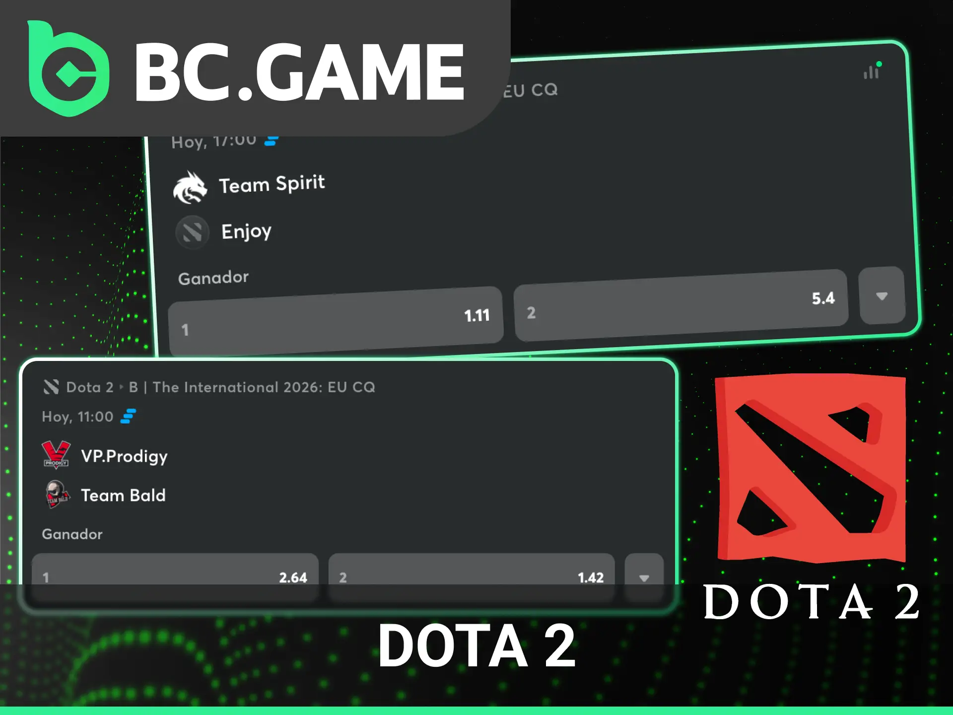 Realiza apuestas de eSports en BC Game apoyando a tus equipos favoritos de Dota 2.