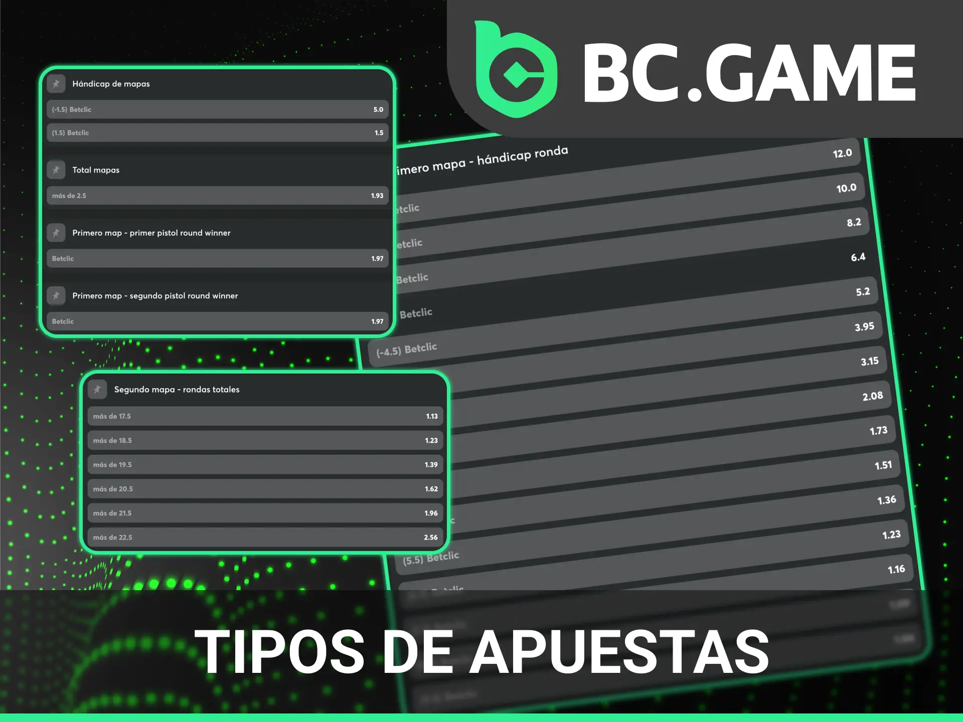 Explora la gran variedad y mercados para tus apuestas de eSports en BC Game desde tu cuenta.
