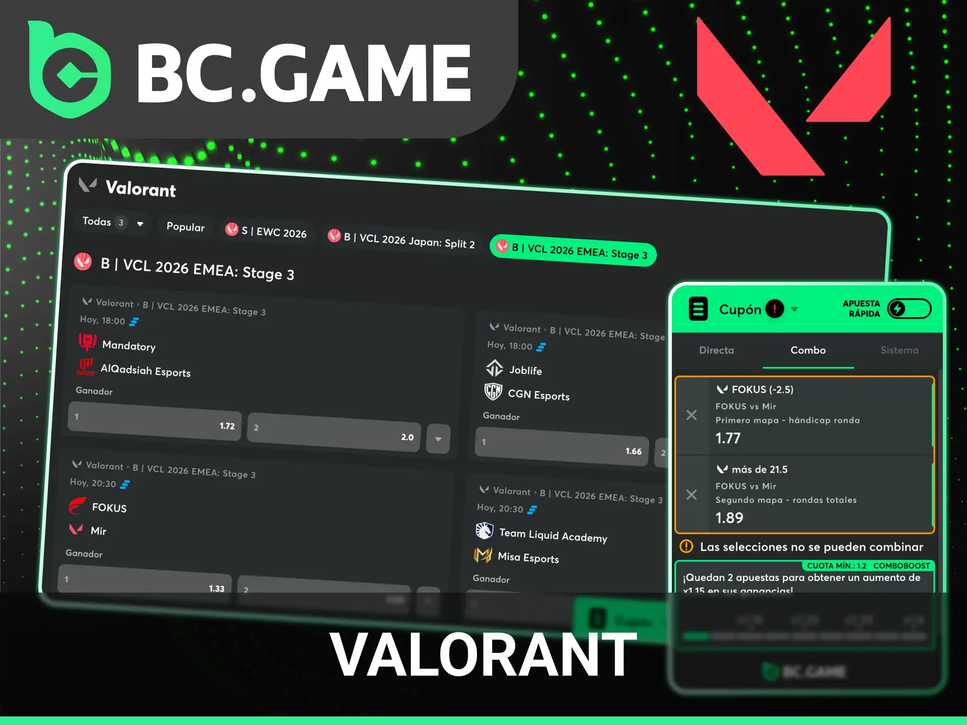Sigue las partidas en directo y haz apuestas de eSports en BC Game dentro de Valorant.