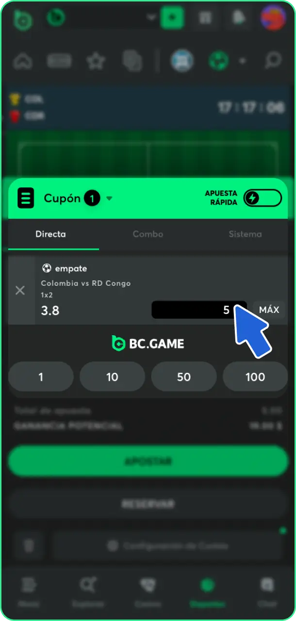 Añade la selección al cupón electrónico y registra tus apuestas de fútbol en BC Game.