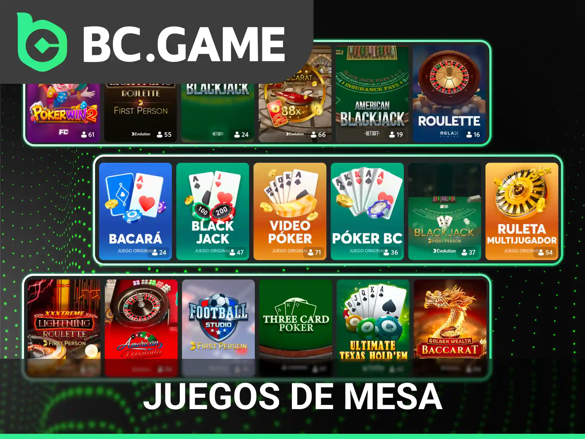 Demuestra tu estrategia en los clásicos juegos de mesa del casino BC Game.
