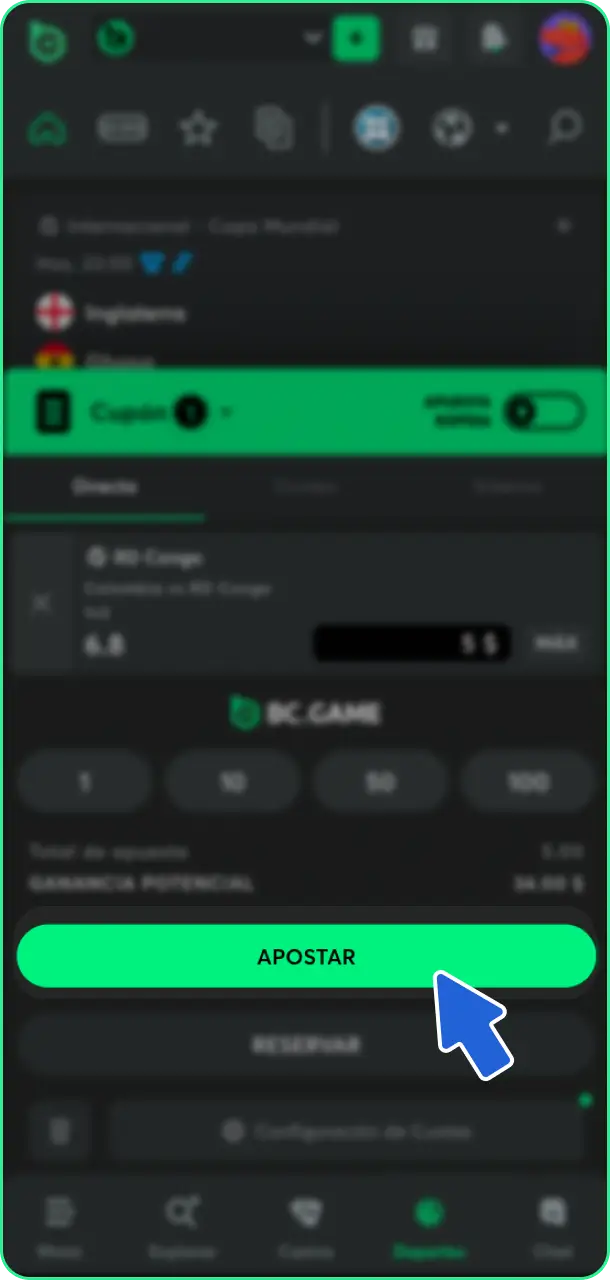 Confirma el boleto final para registrar tu primera apuesta en BC Game.
