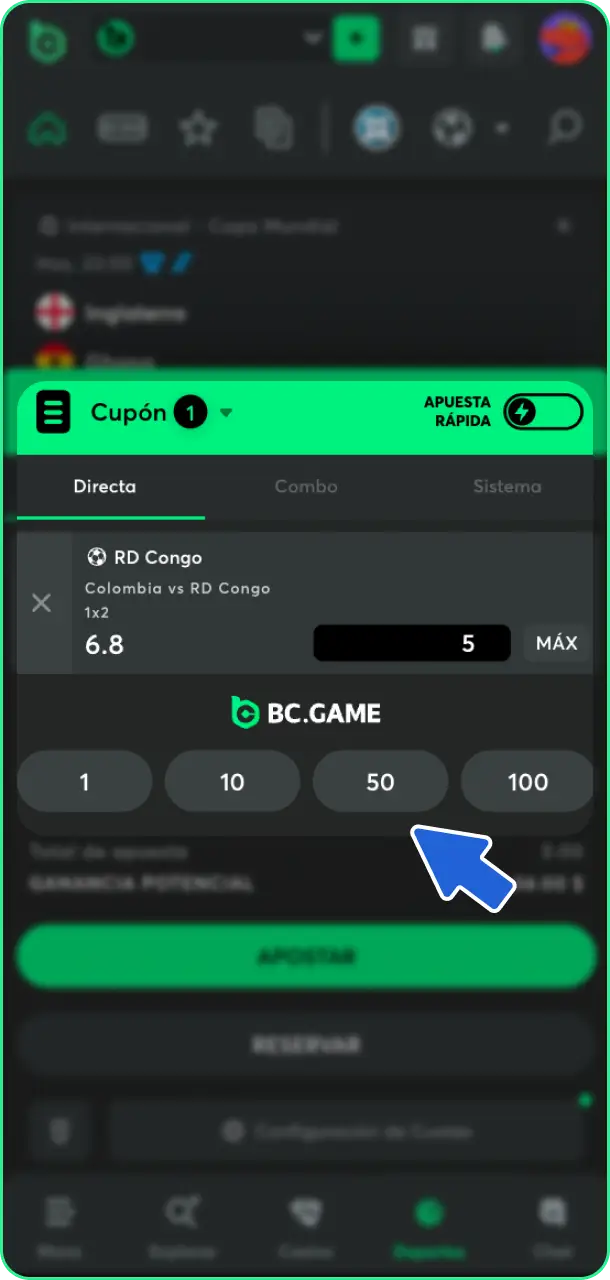 Introduce el importe deseado en el cupón de tu primera apuesta con BC Game.