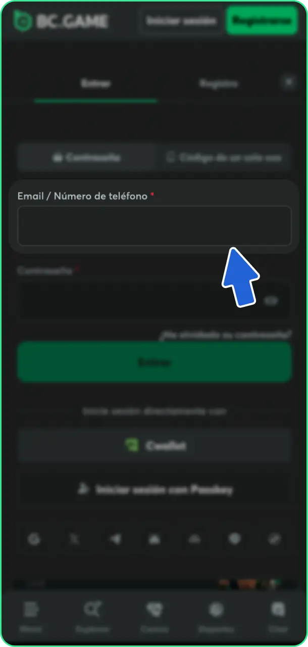 Introduce tu email y contraseña durante el proceso para iniciar sesión en BC Game.