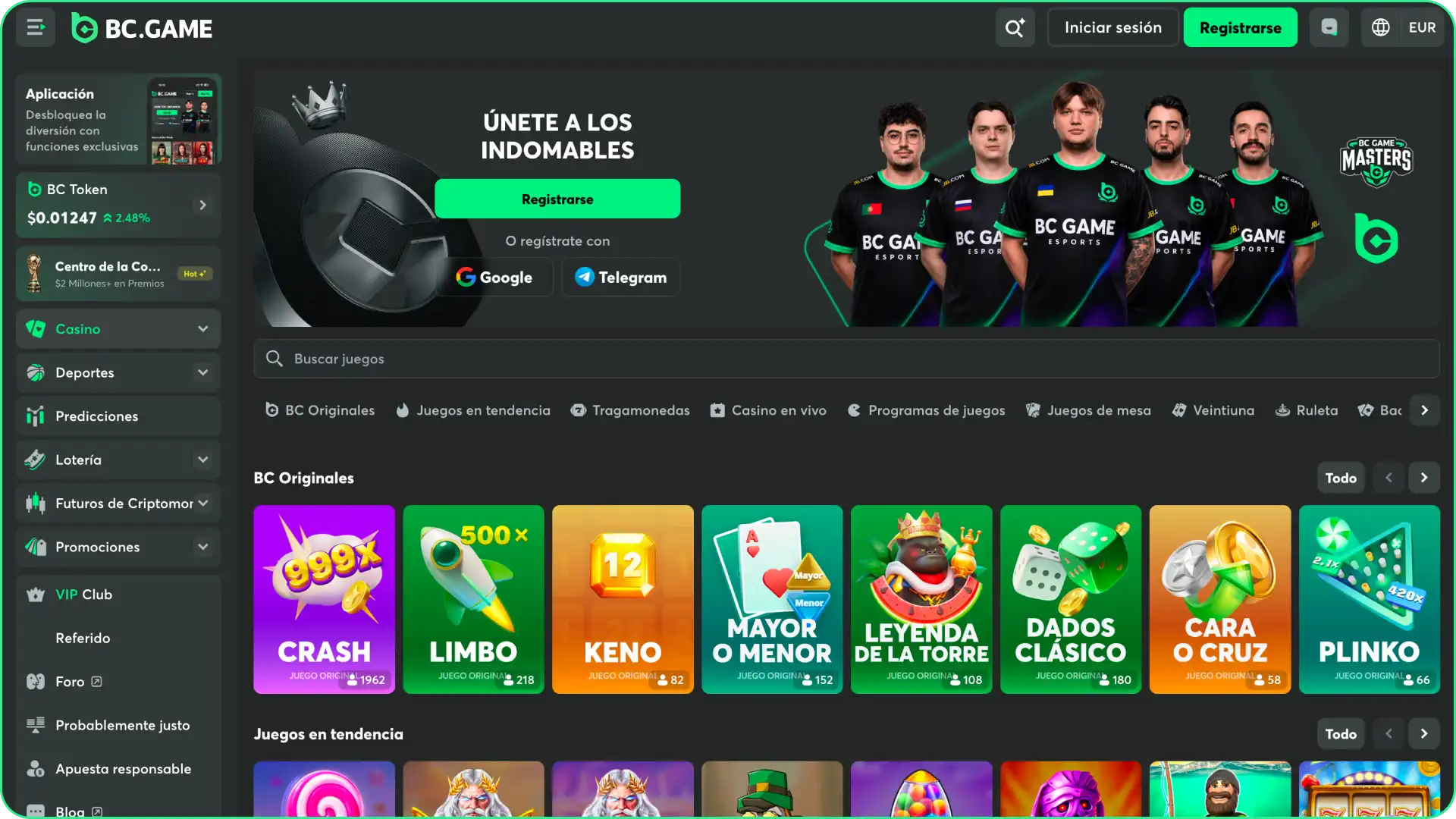 Explora la moderna interfaz del casino de BC Game y empieza a jugar ahora.