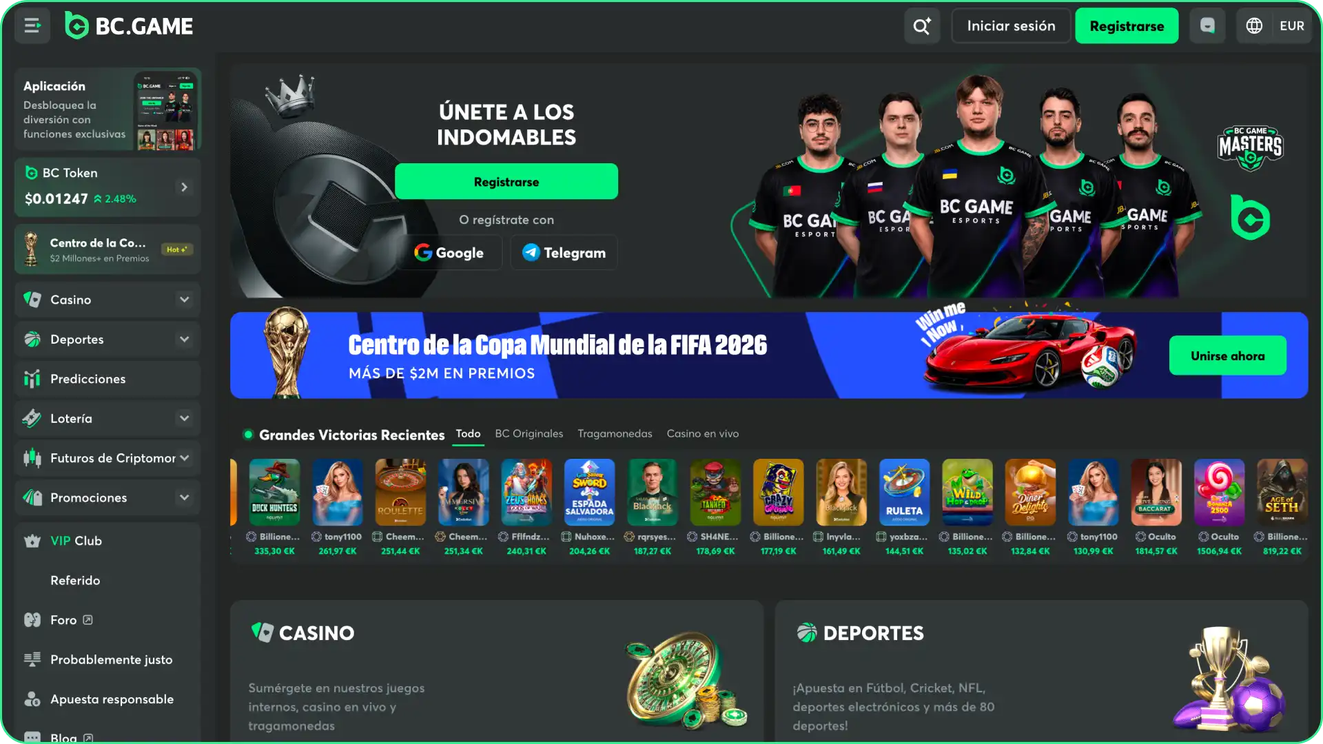 Descubre el diseño intuitivo de la página de inicio al entrar en BC Game.