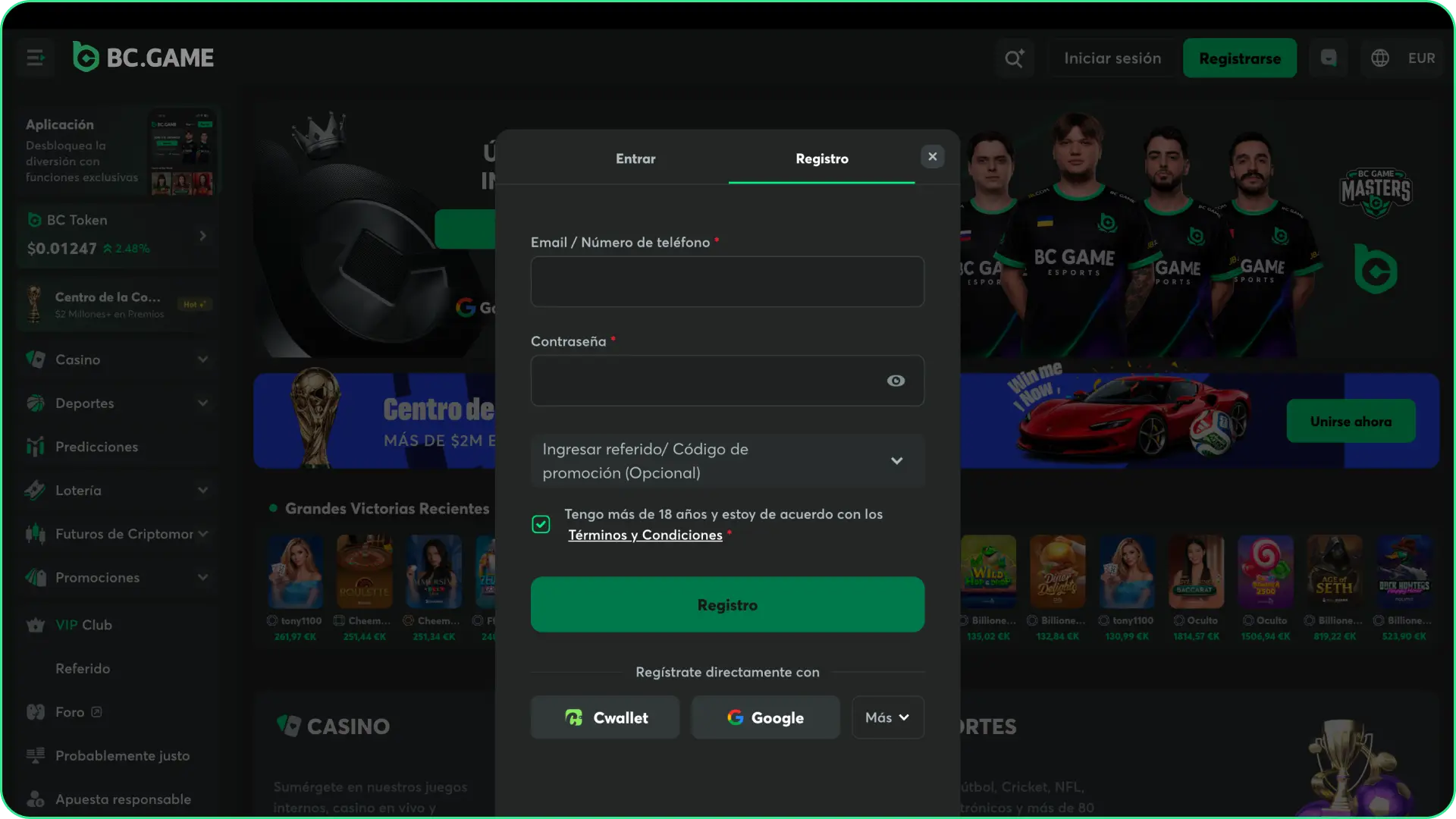 Crea una cuenta nueva en BC Game para disfrutar de las apuestas en línea.