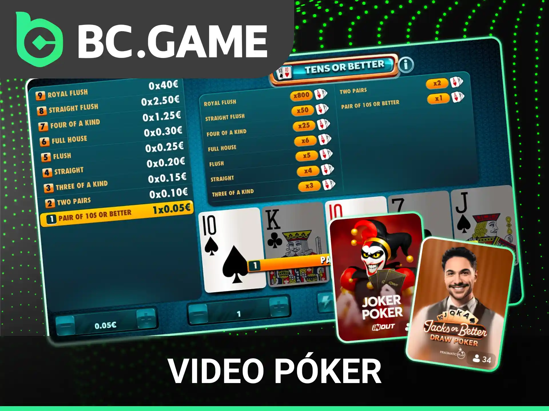 Juega tus manos en las mesas de video póker del casino de BC Game.