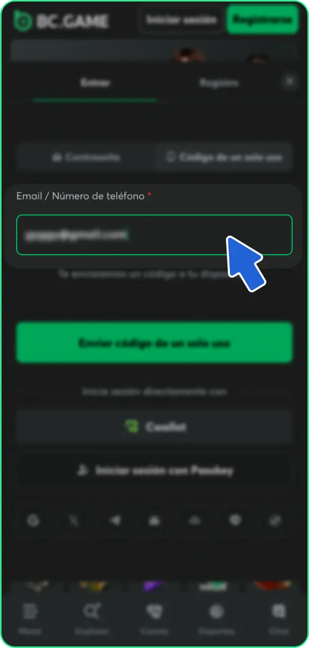Introduce tus credenciales personales o usa tus redes para iniciar sesión en tu cuenta de BC Game.