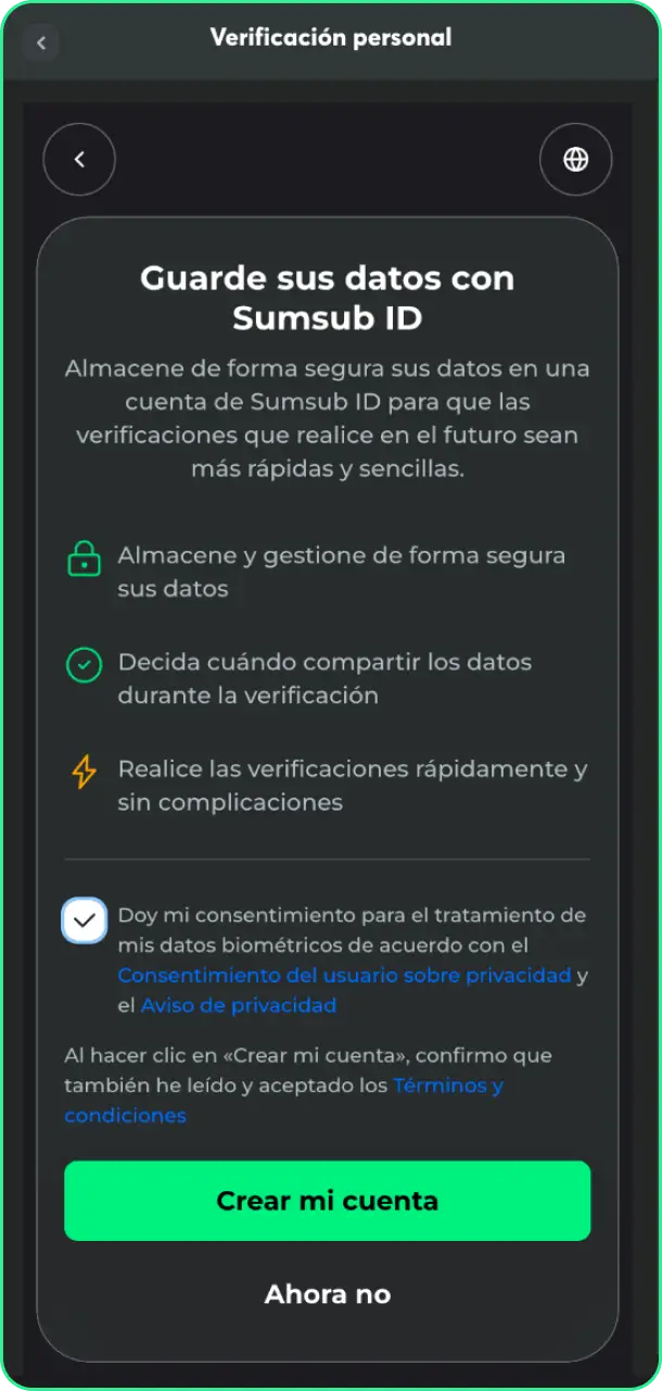 Realiza la captura de tu selfie o biometría para el proceso de verificación de cuenta de BC Game.
