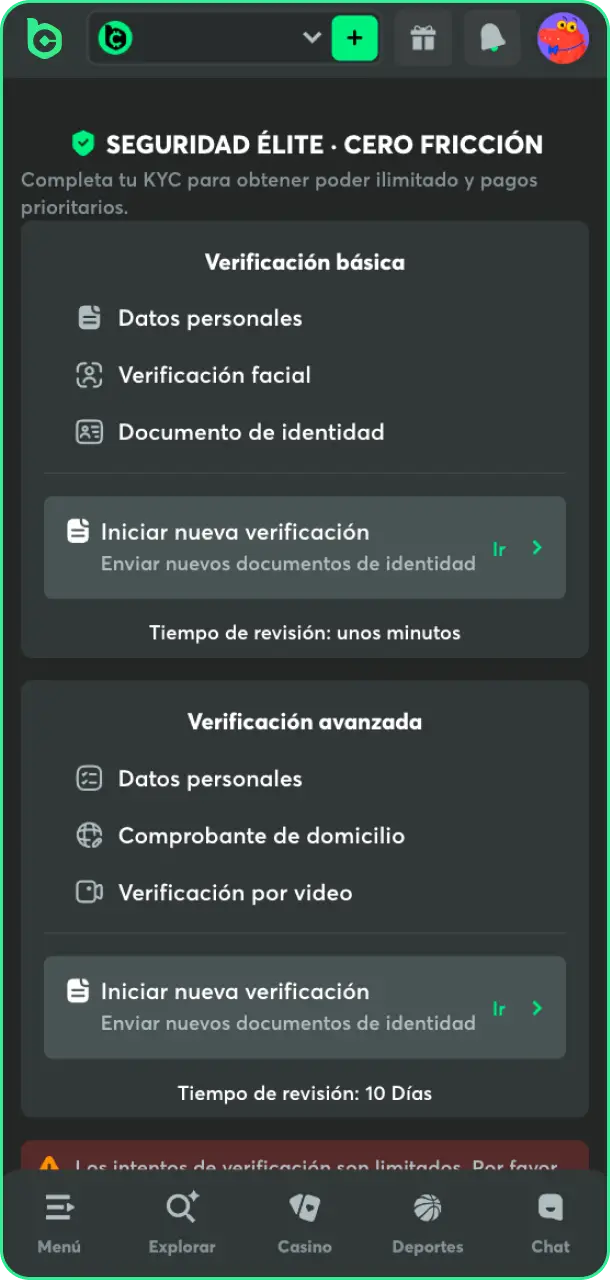 Sube tu documento de identidad oficial requerido en el proceso de verificación de cuenta de BC Game.