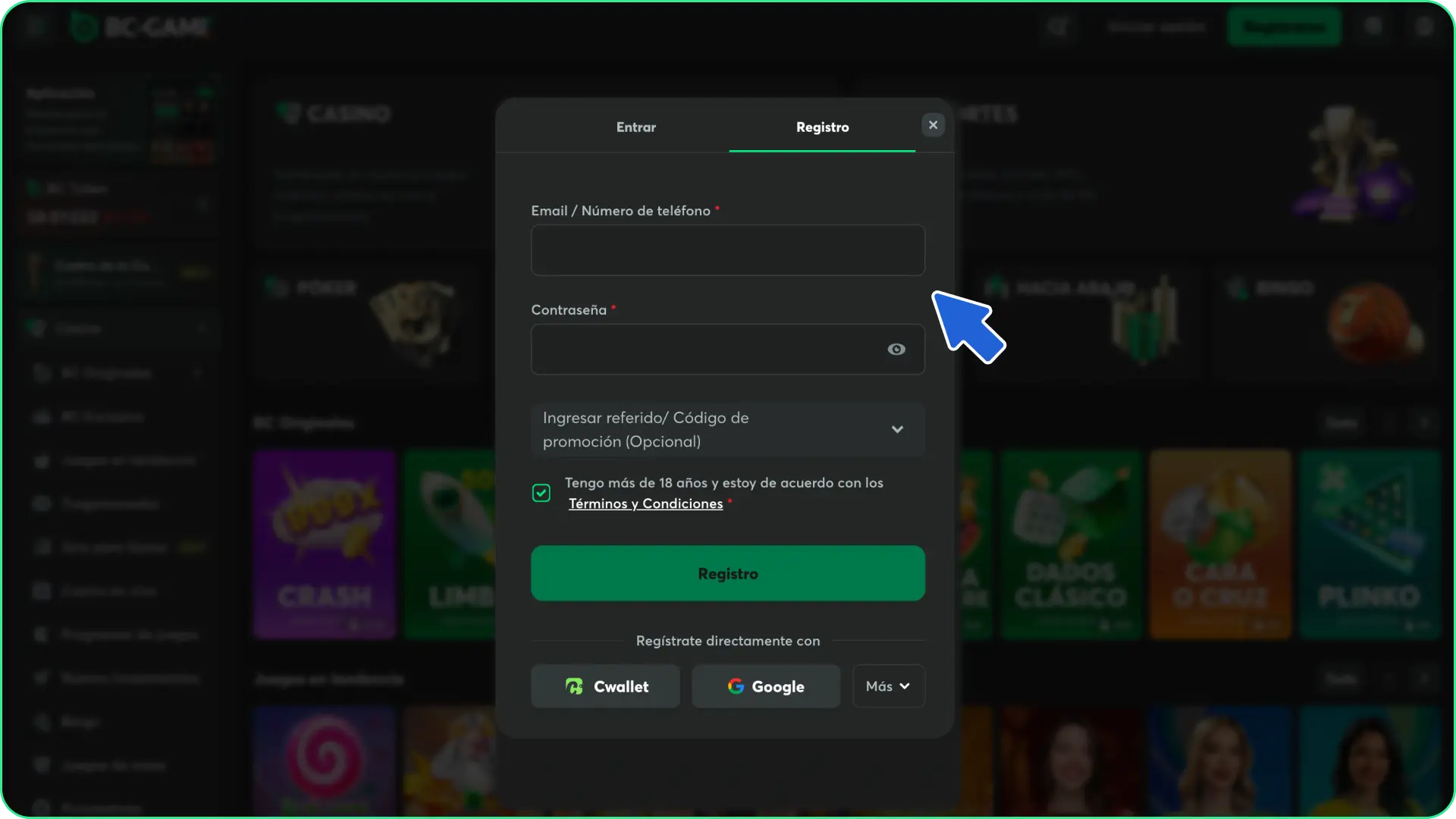 Completa tu registro oficial en la plataforma para tus apuestas de tenis en BC Game.