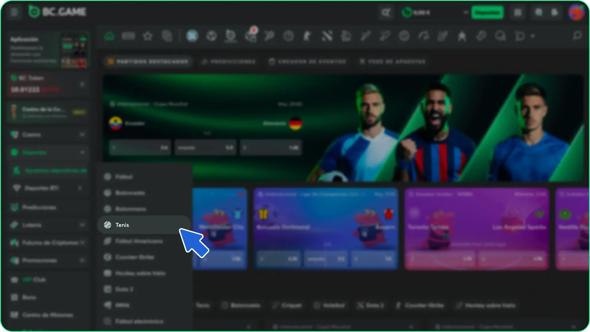Abre la sección de deportes y busca los torneos de tenis en BC Game.